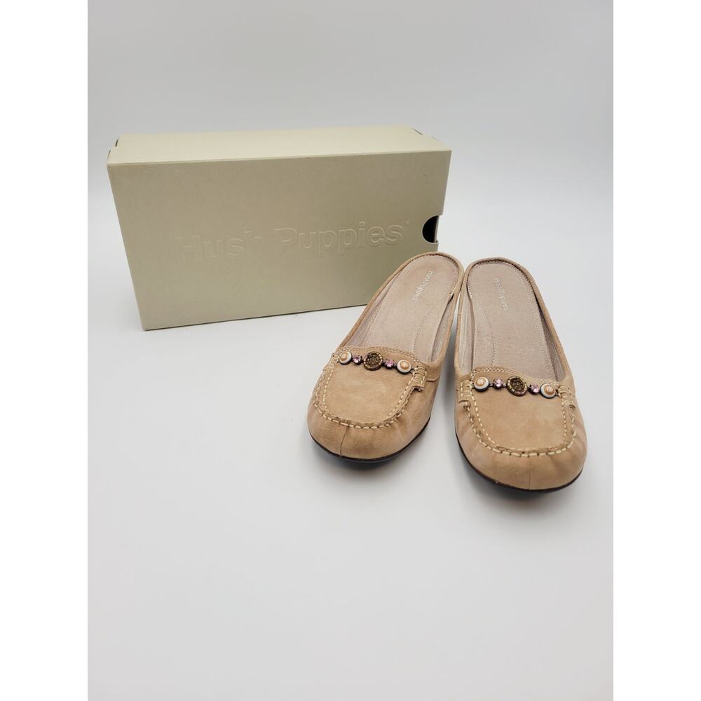 HUSH PUPPIES Slip On Mule Beige Suede Moccasin Loafer Kitten Heel Women Sz 8 M